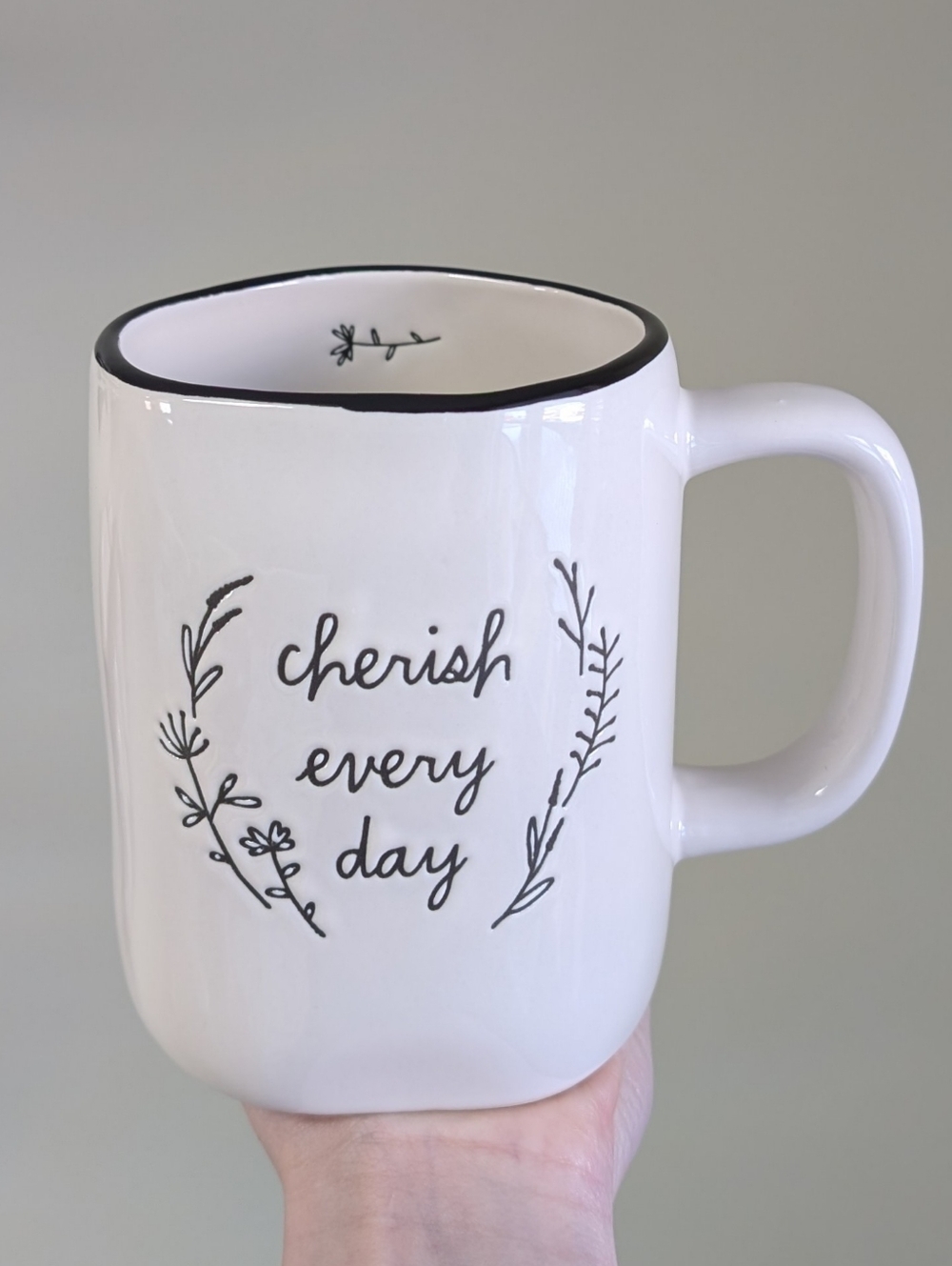 Rae Dunn CHERISH EVERY DAY Mug with Floral Design and Black Lined Rim 🌿